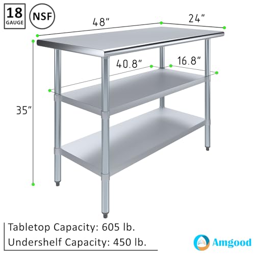 Stainless Steel Work Table with 2 Shelves | Metal Utility Table | Commercial & Residential NSF Utility (Stainless Steel Table with 2 Shelves, 48" Long x 24" Deep) - size: 48" Long x 24" Deep