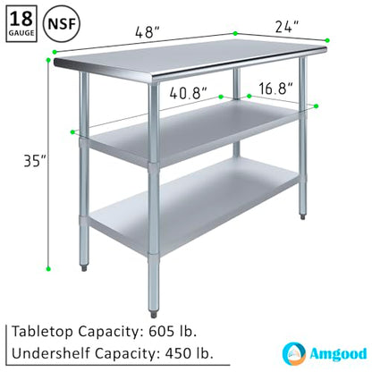 Stainless Steel Work Table with 2 Shelves | Metal Utility Table | Commercial & Residential NSF Utility (Stainless Steel Table with 2 Shelves, 48" Long x 24" Deep) - size: 48" Long x 24" Deep