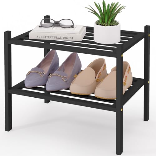 Smiry Small Bamboo Shoe Rack, 2 Tier Free Standing Wooden Shoe Organizer, Stackable Wood Shoe Storage Shelf for Closet, Entryway, 5 Horizontal Slats, 17.3"x11"x13", Black - color: Black, size: 2 Tier - 17.3" Wide
