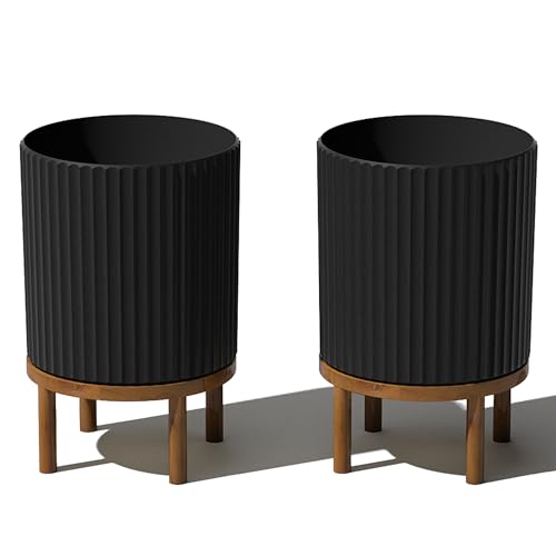 Veradek Demi Series Round Planter w/Stand for Porch/Patio | Durable Plastic-Stone Composite & Wooden Stand | Modern Décor for Tall Plants, Flowers - color: Black/Brown, size: 12 inch - 2 Pack