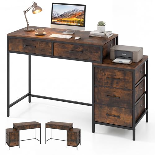 Tangkula Reversible Computer Desk, Industrial Style Writing Study Table | 51” Home Office Desk with Drawers & Printer Stand, Laptop PC Workstation for Bedroom Small Spaces - color: Rustic Brown
