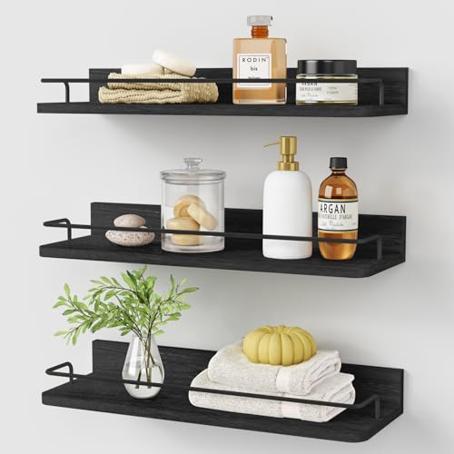 Forbena Black Floating Shelves for Wall, Bahtroom Wall Shelves Over Toilet, Rustic Hanging Shelf with Lip Rail for Bedroom Kitchen Office Living Room Picture Photo Decor, 17 Inch Long-Set of 3 - color: Black, size: 17 Inch