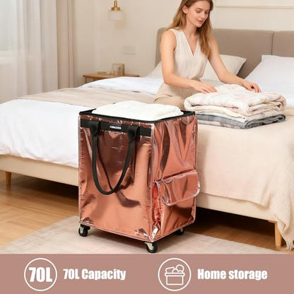 Reusable Grocery Bag Tote Bag with Wheels, Foldable Rolling Tote Bag with 3 Handles and Zipper - color: Rose Gold, size: Medium