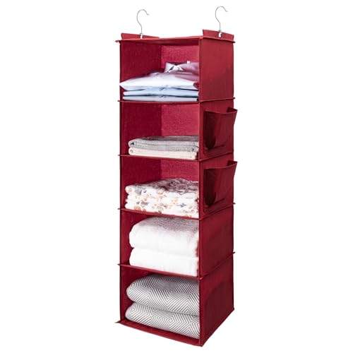 BOOMIBOO Hanging Closet Organize and Shelves，5-Hanging Shelf with 2 Side Pockets，Storage Foldable （Red） - color: Red, size: 1