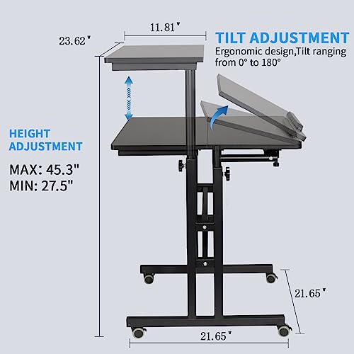 Hadulcet Mobile Standing Desk with Charging Station, Adjustable Standing Computer Desk, Standing Adjustable Laptop Cart with Wheels for Home Office Classroom Black - color: Black, size: 23.6" With Charging Station