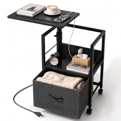 Faesun Swivel Lift Top Nightstand with Charging Station, Rolling Side Table for Recliner, Bedside Table with Wheels & a Fabric Drawer, for Small Spaces, for Bedroom, Living Room, Black Gray - color: 04 - Black Gray, size: 1 Drawer
