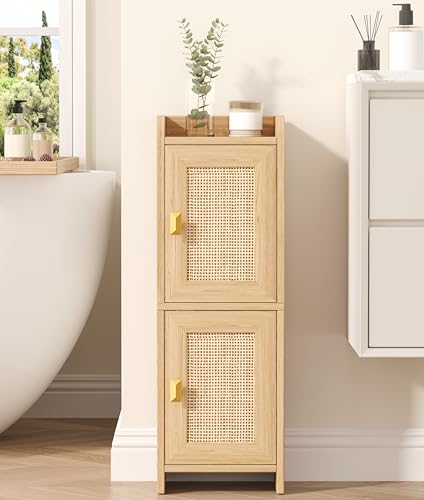 Akxomel Rattan Small Bathroom Cabinet with 2 Doors, 7.9''D x 9.8''W Narrow Toilet Paper Storage Cabinet, Bathroom Organizer for Small Spaces, Wooden Slim Corner Unit with Adjustable Shelf, Natural Oak - color: Natural Oak, size: 7.9''D x 9.8''W x 27.6''H