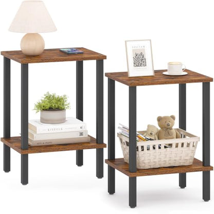 TUTOTAK End Table, Set of 2, Side Table, Nightstand, 2-Tier Storage Shelf, Sofa Table for Small Space, Living Room, Bed Room TB01BB035 - color: Brown and Black