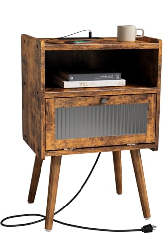 Mid Century Modern Nightstand with Charging Station, Bedside Tables with Glass Door, End Table Side Table with 2 Tiers Storage Space, for Bedroom, Living Room, Brown - color: Brown, size: Hinged Door