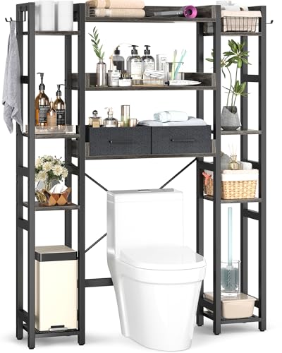 Besiost Over The Toilet Storage, 11 Tier Bathroom Organizer with Dual Side Racks and 2 Fabric Drawers, Adjustable Freestanding Rack Space Saver for Small Spaces, Grey Oak - color: Grey Oak, size: 39"W
