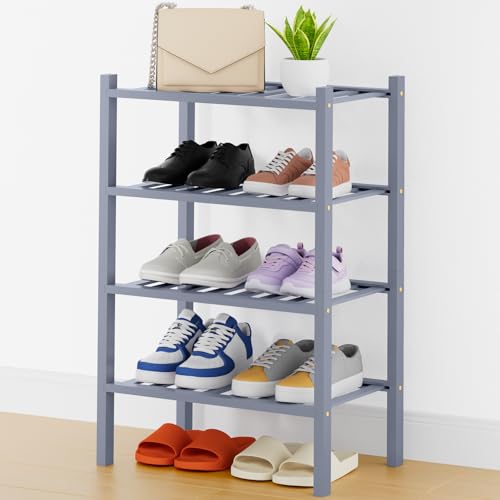 Smiry Bamboo Shoe Rack, 14 Vertical Slats, 4 Tier - 17.3" Wide, Grey | Stackable Free Standing Wooden Shoe Organizer, Wood Shoe Storage Shelf for Closet, Entryway, Thicher Leg - color: Grey, size: 17.32" Wide - 4 Tier - Thicker