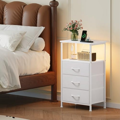 Somdot Nightstands Set of 2 with 3 Drawers, Charging Station & LED Light | Open-Shelf End Tables for Bedside, Small Spaces, Bedroom, Entryway and Hallway, White - color: White, size: 11.8"D x 15.7"W x 28.3"H (3 Drawers)