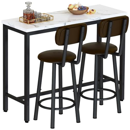AWQM 3 Piece Bar Table Set of 2,39.3" Pub Bar Table and Chairs Set,Faux Marble Bar Height Table with 2 Backrest Stools,Small Dining Table for 2,Kitchen Table Set for Small Space,White & Brown - color: White & Black & Brown
