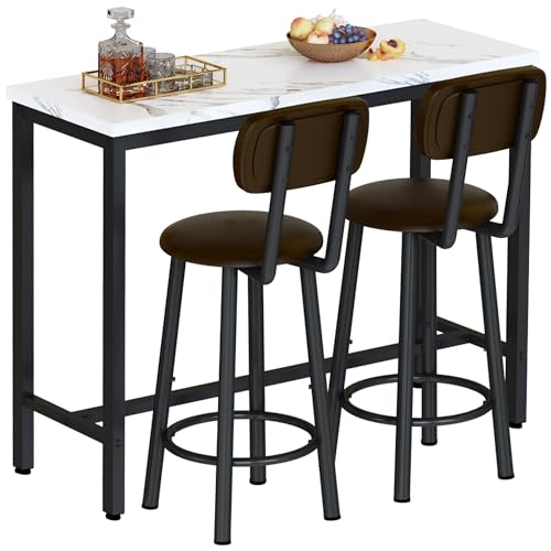 AWQM 3 Piece Bar Table Set of 2,39.3" Pub Bar Table and Chairs Set,Faux Marble Bar Height Table with 2 Backrest Stools,Small Dining Table for 2,Kitchen Table Set for Small Space,White & Brown - color: White & Black & Brown