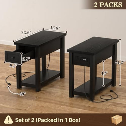 Armocity Narrow End Table Set of 2 with Charging Station - Farmhouse Side Tables with Drawers, 14" Wood Nightstands Set of 2 for Bedroom Living Room, Slim Couch Bedside Table Small Spaces, Black - color: Black, size: 2 Pack