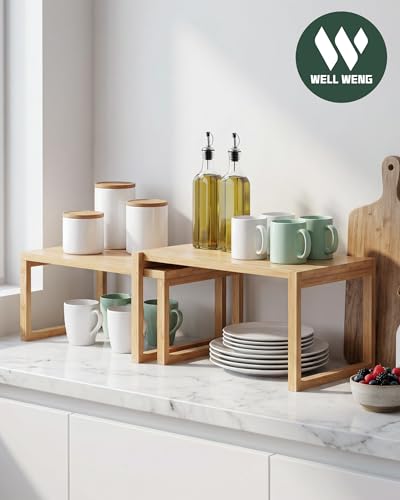 Bamboo Cabinet Organizer Shelf 2 Pack,Kitchen Shelf Organizer | Stackable Wood Spice Rack Storage for Kitchen and Bathroom Cabinet, Pantry & Countertop Nestable