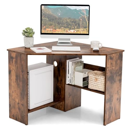 Small Corner Desk, Space-Saving Corner Workstation with Storage Shelves & CPU Stand, 90 Degree Triangle Makeup Vanity Desk, Wood Corner Computer Desk for Small Space (Rustic Brown) - color: Rustic Brown, size: 48” × 32” × 29”