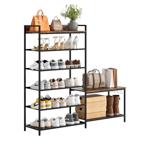 Shoe Rack Bench Storage Organizer for entryway,6-Tier Industrial Free Standing Shoe and Boot Racks with Seat,Entrance Shoe Rack Organizer Shelves for High Heels,Hallways, Closets,Brown,48.7in - size: 6 Tier-brown