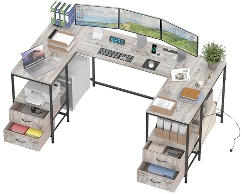 YOSHOOT 67" U Shaped Computer Desk, Reversible L Shaped Gaming Desk | Corner Desk with Power Outlets, 4 Drawers, 2 Storage Shelf, Computer Table with 4 Installation Methods, Grey - color: Grey, size: 35.4"D x 66.9"W x 30.3"H