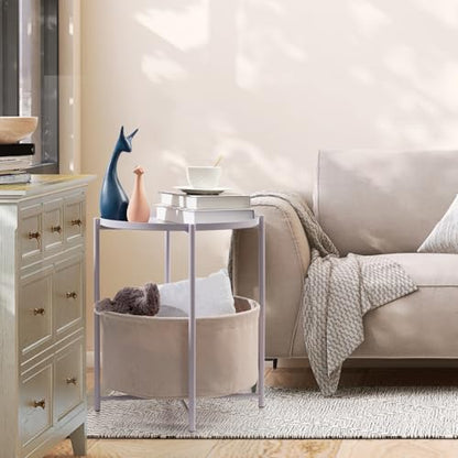 danpinera Round Side Table with Fabric Storage Basket, Small Coffee Table | Metal End Stand with Removable Serving Tray, Modern Nightstand for Small Space, Living Room, Bedroom, Nursery, Light Violet - color: Light Violet