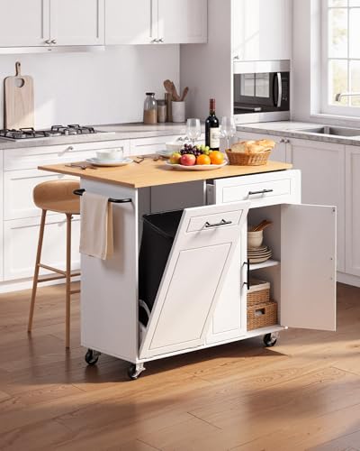 VEVOR Kitchen Island Cart with Storage, 46.06 in Wide Mobile Rolling Storage Island on Swivel Wheels, with Drawer, Storage Cabinet, Drop Leaf, Spice/Towel Rack, Table for Home Dining Room, White - size: 46.06"W (dropleaf)