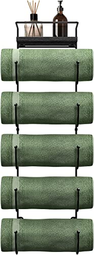 Sorbus Bathroom Towel Holder - 5 Tier Metal Towel Rack with Wood Shelf for Rolled Bath Towels, Washcloths, Linens, Hand Towels, Soaps & Accessories - Wall Mounted Towel Rack for Bathroom Towel Storage - color: Black, size: 5 Tier with Shelf