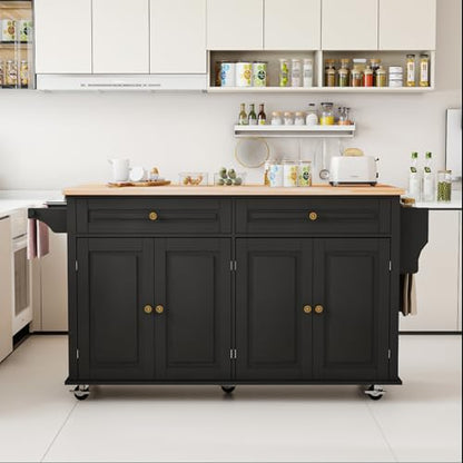 Kitchen Island Cart with Wood Top and Drop Leaf, Rolling Kitchen Island Table on Wheels with Drawer, Storage Cabinet, Spice Rack and Towel Rack for Dining Room, Black - size: 67.1" W, style: Black