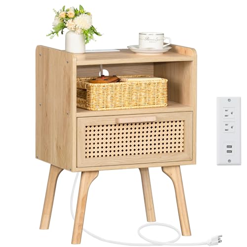 Lerliuo Rattan Nightstand with Charging Station, Boho Side Table with Drawer Open Shelf, Cane Accent Bedside End Table for Bedroom, Dorm and Small Spaces - color: Natural, size: 1 pack