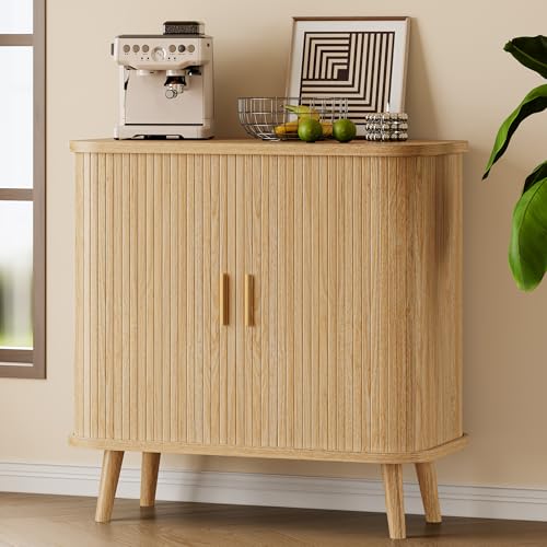 Xixini Sideboard Buffet Cabinet with Sliding Door, 31.5" Wide Fluted Modern Accent Cabinet with Adjustable Shelves, Wood Coffee Bar Buffet Console Table for Kitchen, Dining Room, Living Room, Oak - color: Oak