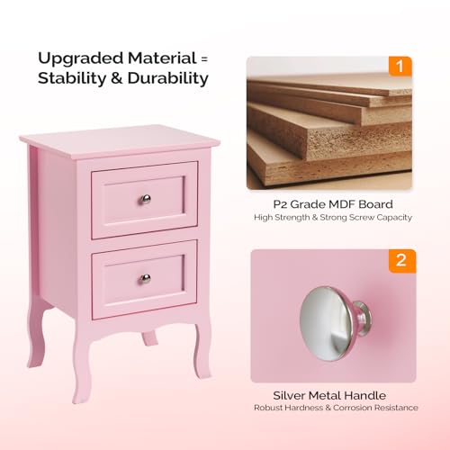 Bonnlo Nightstand with 2 Drawers, Night Stands for Bedrooms, Small Bed Side Table/White Night Stand with Drawers for Small Spaces, College Dorm, Kids’ Room, Living Room, French, 16W x 12D x 24H, Pink - color: Pink