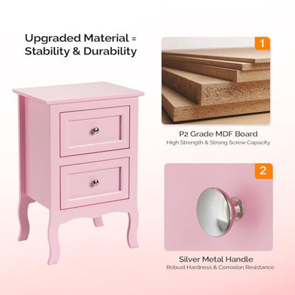 Bonnlo Nightstand with 2 Drawers, Night Stands for Bedrooms, Small Bed Side Table/White Night Stand with Drawers for Small Spaces, College Dorm, Kids’ Room, Living Room, French, 16W x 12D x 24H, Pink - color: Pink