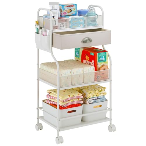 Baby Diaper Caddy Cart Organizer -3 Tier, Bedside Nursery Essentials Organizer & Storage Holder for Newborn Baby Stuff, 2+1 Dividers, 1 Drawer,Rolling Utility Cart for Bedroom,Changing Table, Crib. - color: White, size: 17"W*11.42"D*32.68"H