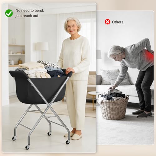 ELYKEN Laundry Basket with Wheels, Collapsible Laundry Hamper, Black | Removable Liner Bag, Foldable Design, Sturdy Metal Frame, 4 Casters, 32”H Laundry Cart for Bedroom, Bathroom & Laundry Room - color: Black, size: 23.2"L x 13"W x 32"H