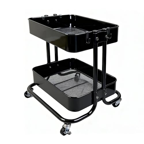 2 Tier Cart with Wheels Heavy Duty Metal Rolling Storage Cart for Under Desk Storage, Short Small Utility Shelf for Pantry Kitchen Bathroom Laundry, Home Organizer with Large Basket, Black - color: Black-1, size: 2-tier