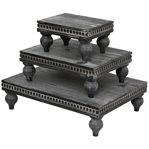Swallowliving 3 Pcs Set Farmhouse Wood Risers for Display Decorative, Rustic Shabby Chic Tiered Tray for Kitchen Counter, Coffee Bar Table, Dining Room, Wooden Rectangle Beaded Pedestal Stand for Food, Black - color: Set of 3 - Black