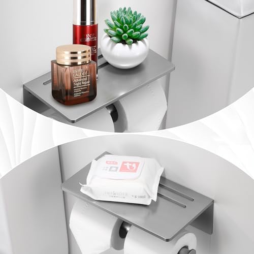 Toilet Paper Holder - Aluminium Double Roll Toilet Tissue Holder with Mobile Phone Shelf for Bathroom, 3M Self Adhesive No Drilling or Wall-Mounted, Rustproof Modern Style Brushed Nickel - color: Brushed Nickel-2 Roll