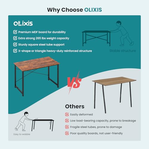 OLIXIS Home Office Computer Desk, Small Office 44-inch Writing and Study Desk, Bedroom Table with Metal Frame and Wooden Top, Compact Modern Study Table for Home Use, Rustic Brown - color: Rustic Brown, size: 44-In