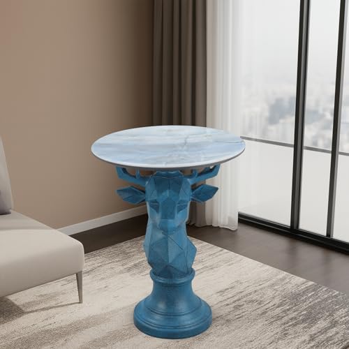 Modern Deer Head Sculpture Side Table, Round Metal End Table with Geometric Animal Base, Industrial Accent Table for Living Room, Bedroom, Office, Dark Bronze Finish - color: Deer - Blue Geometric