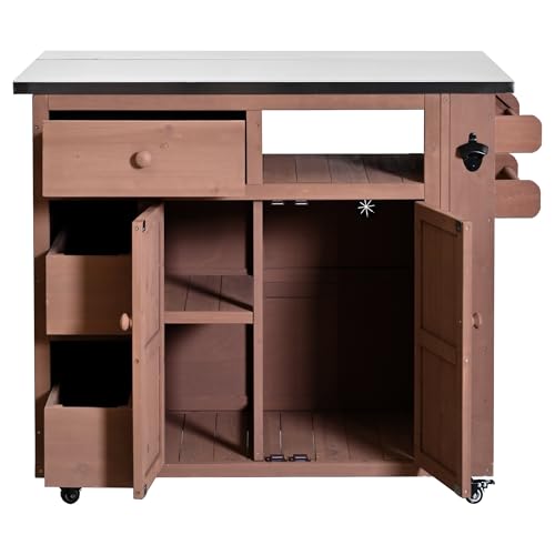 Outdoor Solid Wood Kitchen Island with Storage, 28" Extendable Stainless Steel Top Grill Cart, Rolling BBQ Prep Station with Drawers, Spice Rack, Towel Rack for Backyard, Patio, Camping - color: Brown