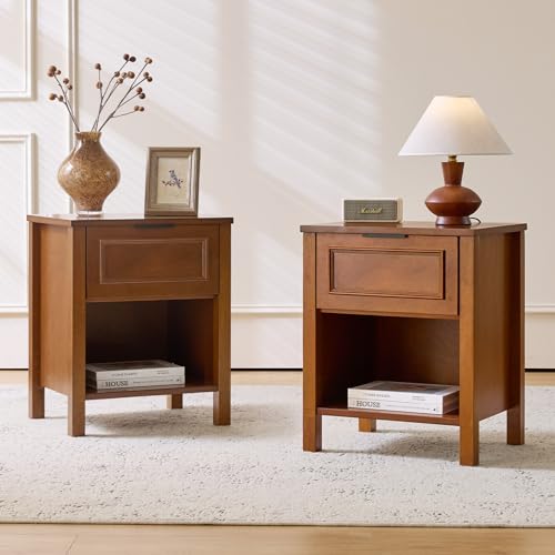 Nightstands Set of 2 with Drawer, Solid Wood Bedside Table Sofa End Table | Malaysian Rubberwood, with Open Storage Shelf, 19.3 inch Wide Tabletop, Modern Country Rustic, for Bedroom, Walnut - color: Walnut, size: 2 Pack