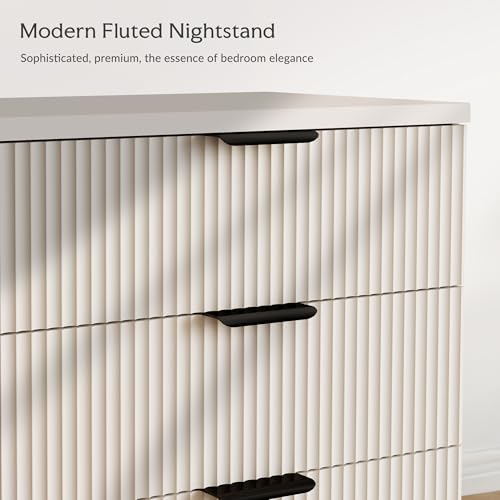 25.6" W Fluted Nightstand with 3 Drawer, Modern Wood Night Stands | Bedside Table for Bedroom King/Queen Bed, End Table with Robot-friendly Legs for Living Room,Entry - color: 3 Drawers-1pcs-white