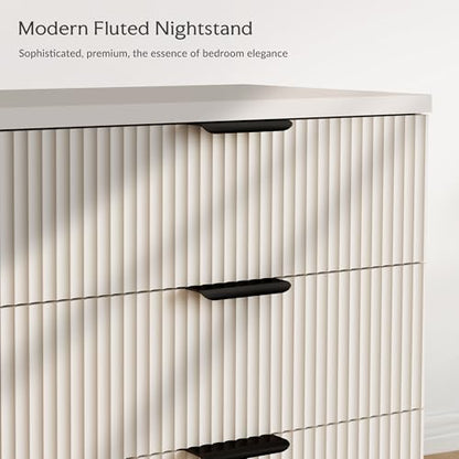 25.6" W Fluted Nightstand with 3 Drawer, Modern Wood Night Stands | Bedside Table for Bedroom King/Queen Bed, End Table with Robot-friendly Legs for Living Room,Entry - color: 3 Drawers-1pcs-white