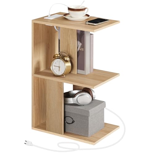 MAHANCRIS End Table with Charging Station, C-Shaped Narrow Side Table, Natural Nightstand with Storage, Narrow Bedside Table for Small Spaces, End Tables Living Room, Bedroom, Easy Assembly, ETNA18E01 - color: Natural