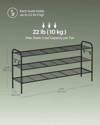 SONGMICS Shoe Rack, 3-Tier Shoe Organizer, Metal Shoe Shelf Storage with 4 Side Hooks, Holds 24 Pairs of Shoes, Height-Adjustable Shoe Rack for Entryway, Hallway, Closet, Ink Black ULMR131B01 - size: 3 Tiers (44.9"W)
