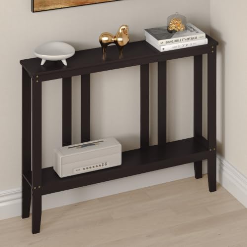 ELYKEN Bamboo 2-Tier Narrow Console Table, 36.2" Long Slim Hallway Table | Sofa Table Behind Couch with Storage Shelf for Entryway, Living Room, Foyer - color: Brown