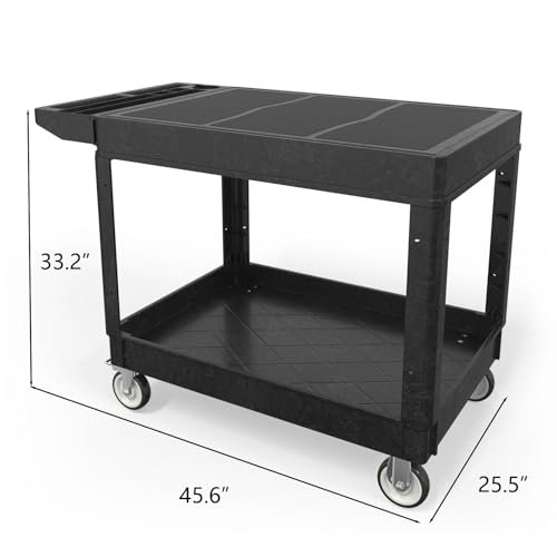 Large Garage Flat Top Utility Cart, Heavy Duty 2 Shelf Tool Cart Service Cart Rolling Push Carts with Ergonomic Handle 5" Swivel Casters - color: Black, size: 46 x 25 Inch