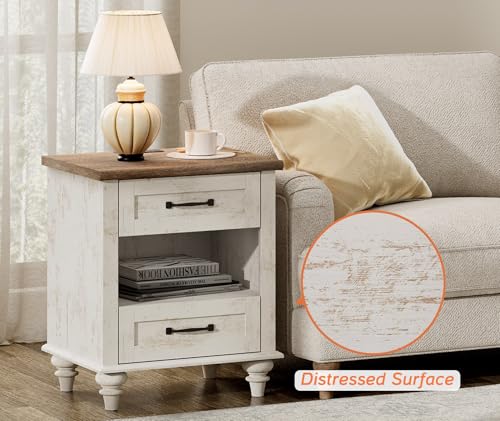 WAMPAT Side Table Nightstand with Charging Station & 2 Drawers, Farmhouse End Table for Living Room, Retro Night Stand Light Wood Bedside Table for Bedroom, Antique White - color: Antique White