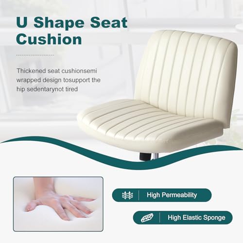 OLIXIS Criss Cross Chair, Vanity Chair, Home Office Desk | Armless No Wheels Wide Seat, Height Adjustable Swivel, Padded PU Leather, Bedroom Student Study, Beige Dual Base - color: Beige Dual Base