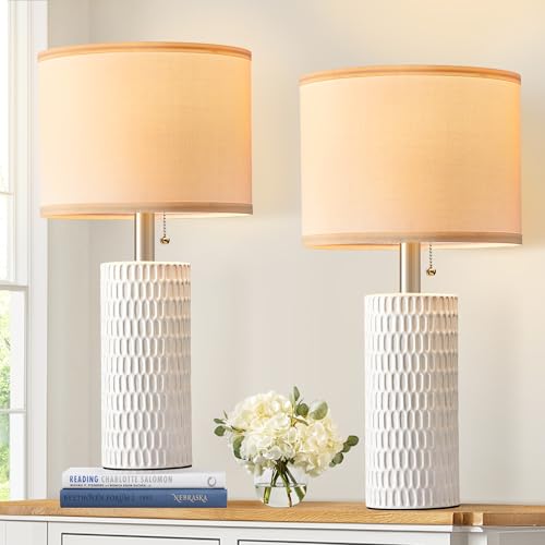 Reaketon 20" Modern Ceramic Table Lamps for Bedroom Set of 2, Small Table Lamps for Night Stands, Living Room, Home Office and Hallways, White - color: White
