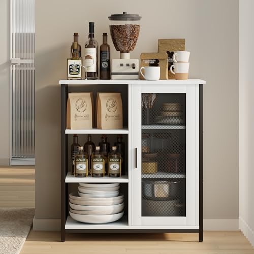 LVSOMT Mini Coffee Bar Cabinet for Home Kitchen, 27.5'' Coffee Stand Station with Adjustable Shelves & Door, Farmhouse Sideboard Buffet for Small Space, Dining Room, Living Room, Industrial White - color: Pure White